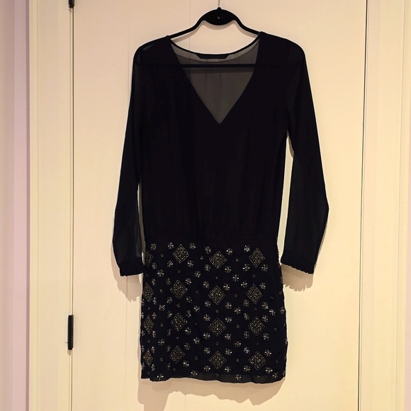 Zara Trafaluc Small Navy Beaded Chiffon V-Neck Sheath Shirt Dress - Picture 4 of 5